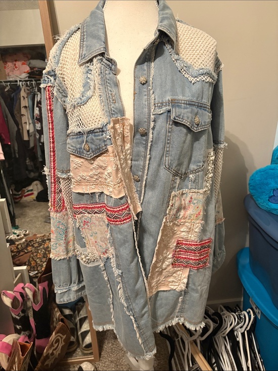 POL Jackets & Blazers - POL Light Blue Patchwork Denim Jacket with Cream & Red Accents small nwot